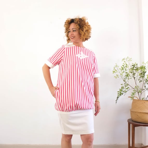 sachin and babi light blue dress Vintage 80s Cotton Striped Sundress, 80s Retro Bubble Dress, Summer 80s  Drop Waist Dress, 1980s Pink Candy Striped Balloon Dress Size S M