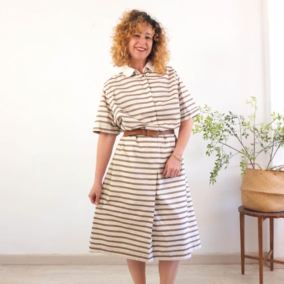 Vintage 80s tan striped shirtdress, 80s secretary White collar dress, summer 1980s high waist secretary midi button front shirtdress size XL