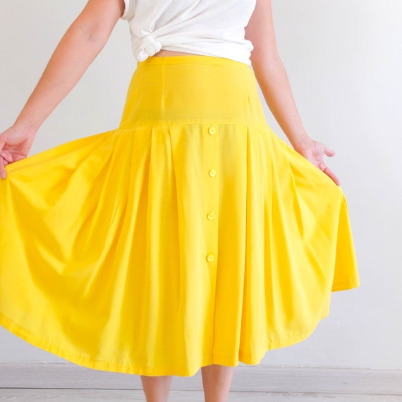 Vintage bright yellow midi skirt Vintage 80s summer high | Etsy