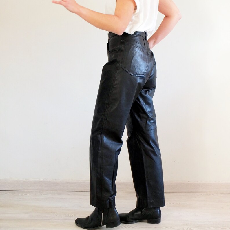 Women genuine leather pants Biker motorcycle pants 30 31 inch Vintage plus size black leather pants Vintage high waist leather pants