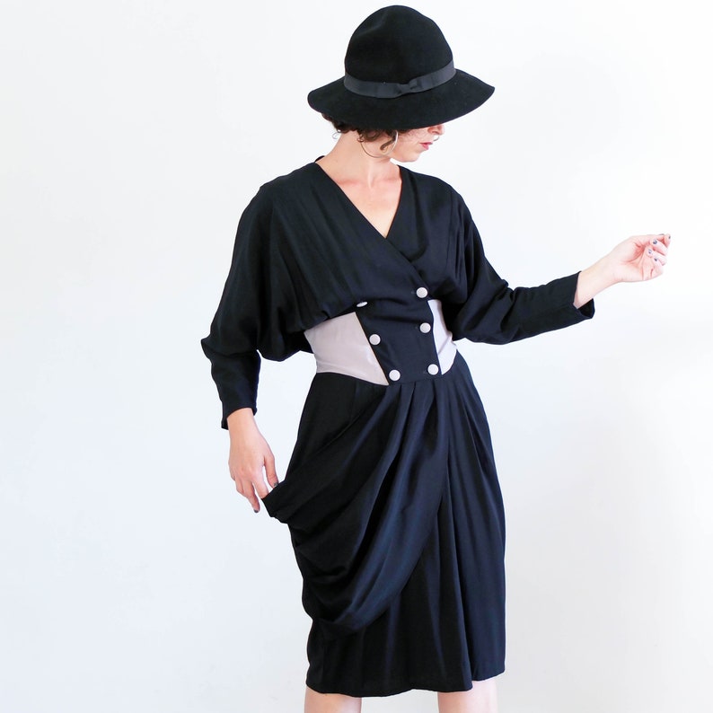 Vintage wrap double breasted dress Vintage 80s New wave black color block dress 80s bicolor bat sleeve draped dress 80s dress size large