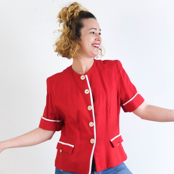 Vintage 90s Red Chanel Style Jacket 90s Summer Red Blazer 