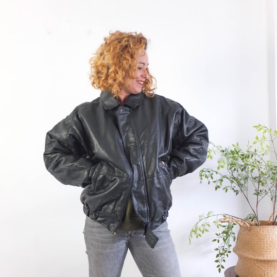 Vintage Leather Vegan Bomber Jacket, Vintage Faux Leather
