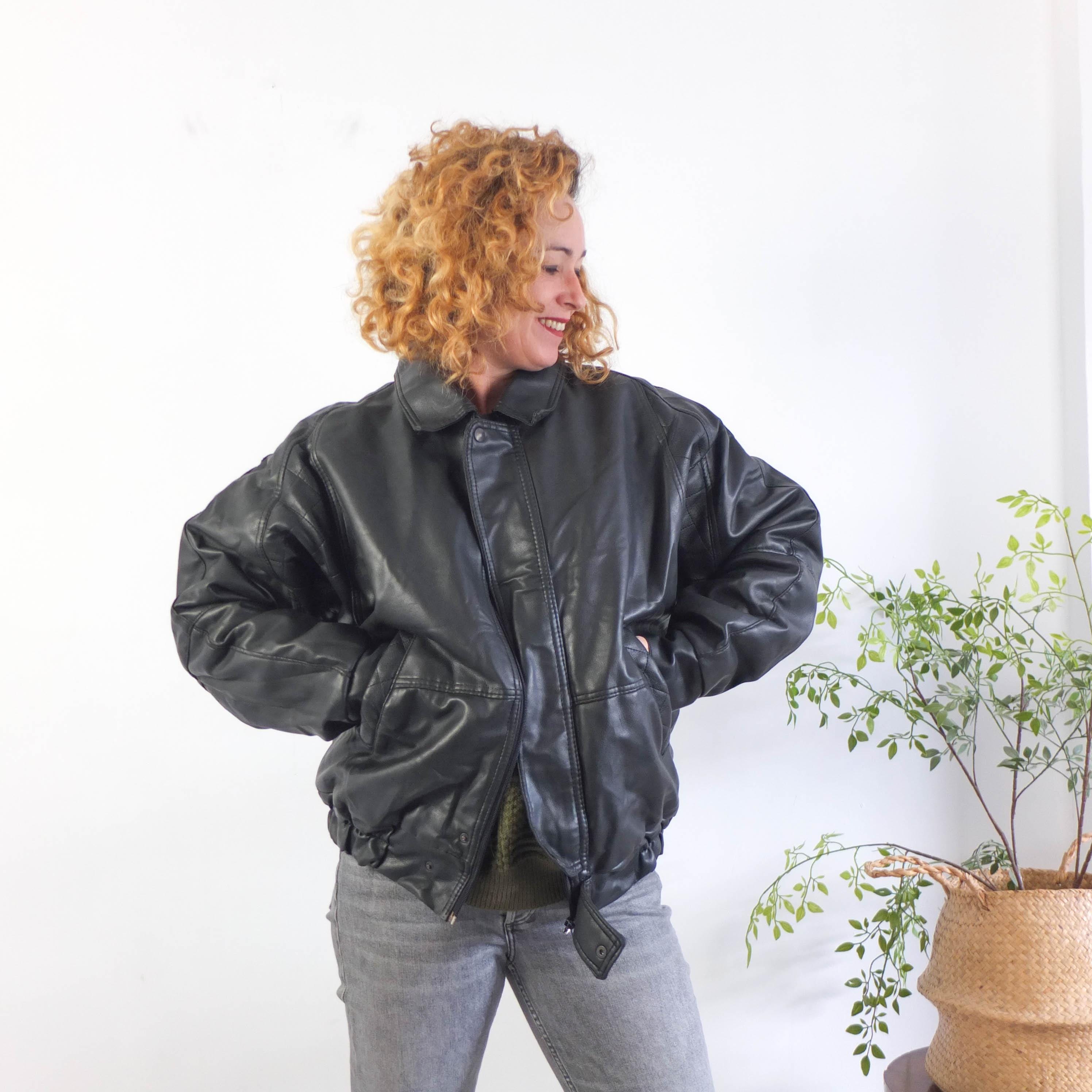 Vintage Leather Vegan Bomber Jacket, Vintage Faux Leather