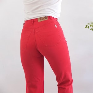 Vintage rode jeans met hoge taille, vintage slim-fit jeans, vintage rode skinny jeans enkel, jaren 90 slanke rode spijkerbroek met hoge taille, maat small: 26-27 W