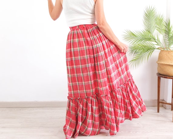 Vintage 70s red prairie maxi skirt, 70s cotton pl… - image 2