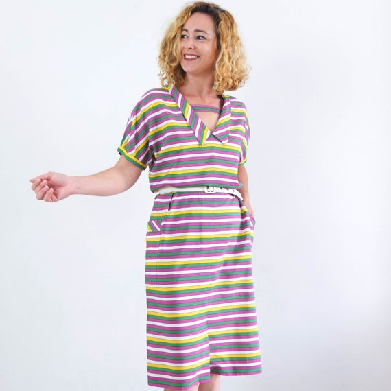 Vintage 80s summer striped dress short sleeve, Vi… - image 1