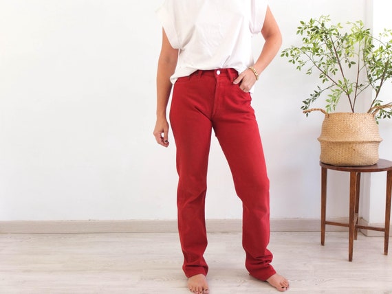 Vintage Levis 501 Red Jeans Women, 90s High Waist Levis Button Fly 