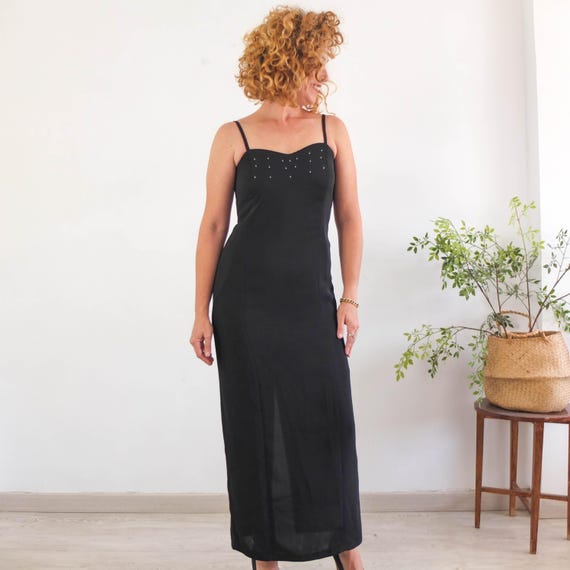 90s black spaghetti strap dress Vintage Maxi Formal Slip Dress, 1990s Rhinestones Beaded Slip Dress, Black Party Prom Maxi Evening Dress, Size S Homecoming dress Size:22W فساتين نسائية Black A-Line Wedding Dress