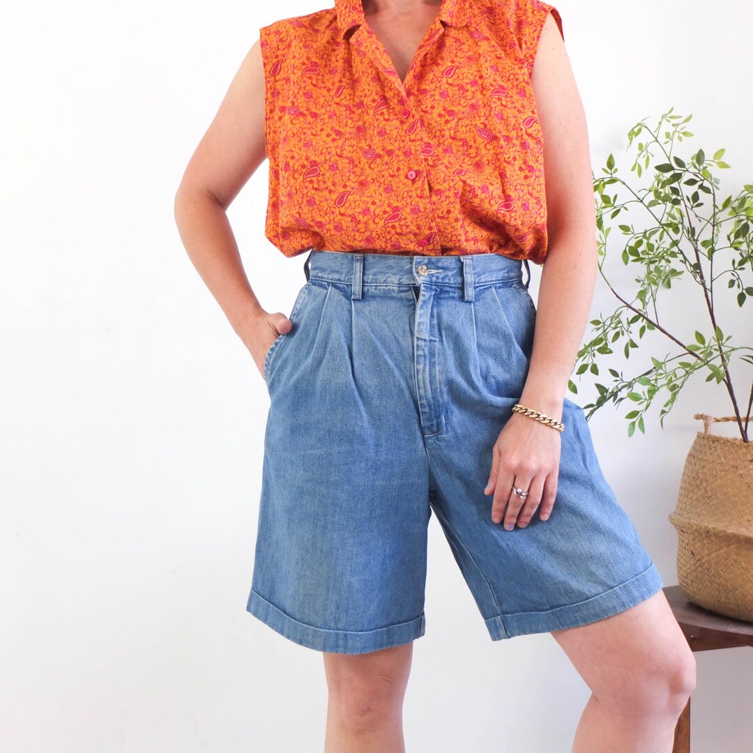 Vintage 90s Blue Pleated Jean Shorts, Vintage High Waist Pleated