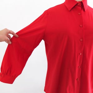 Vintage 70s red button up shirt, 1970s disco shirt for women, 70s retro collared shirt long sleeve, Plain red polyester button shirt, M L image 7