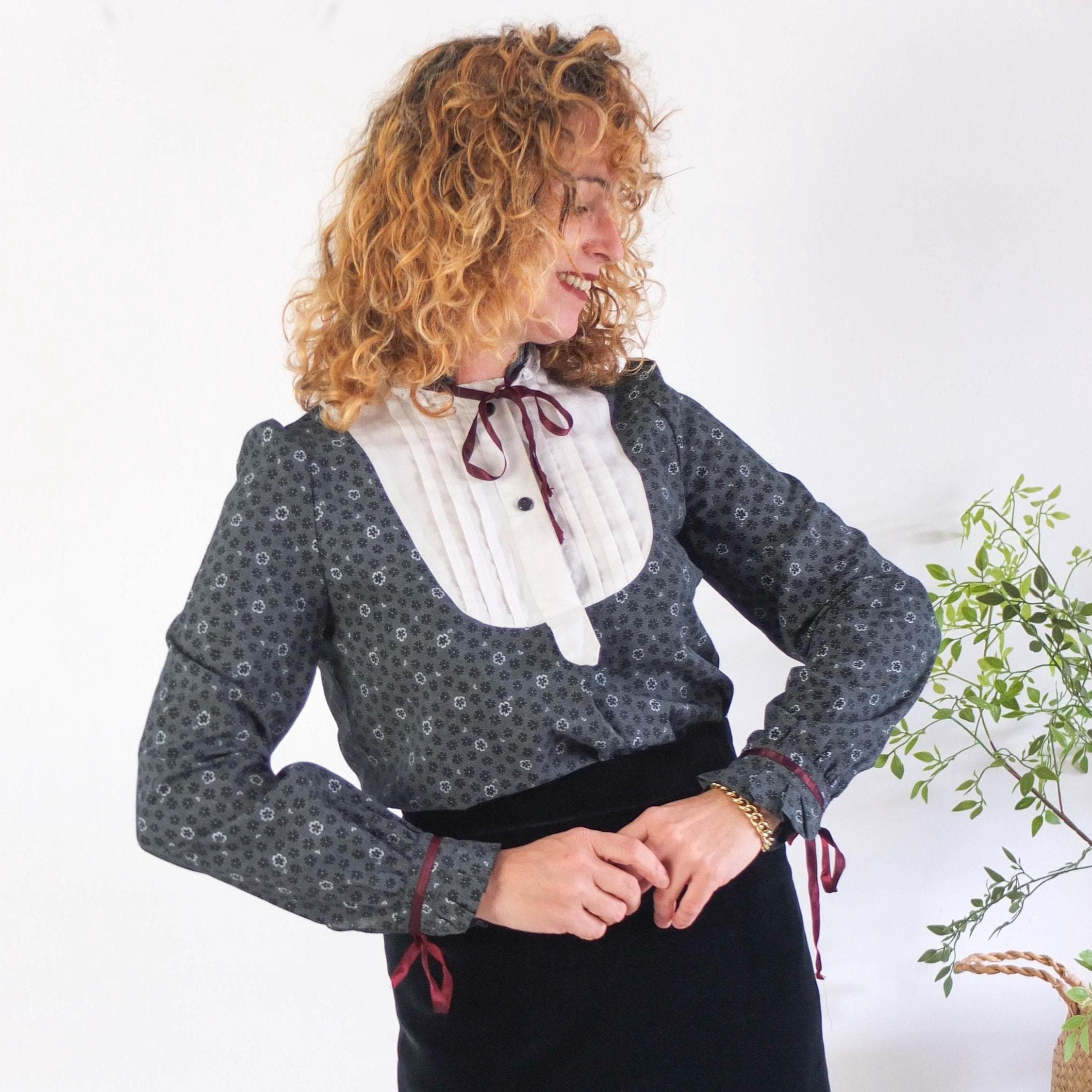 Vintage 80s Prairie Bib Blouse, 1980s Floral Prairie Blouse Puff