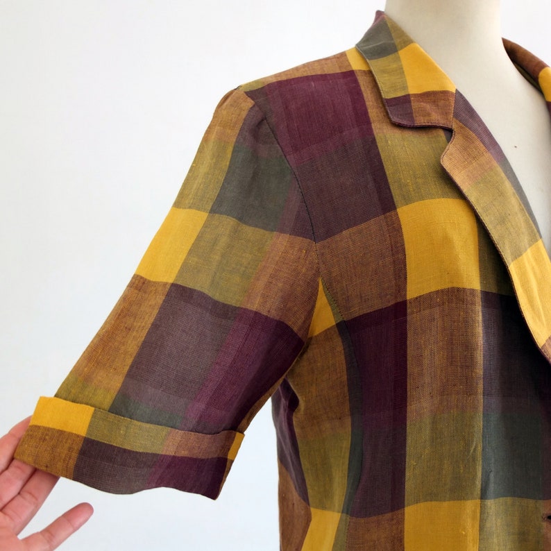 Burgundy mustard check tartan blazer Vintage plaid linen blazer jacket 1990s short sleeve light blazer Vintage 90s plaid oversized blazer