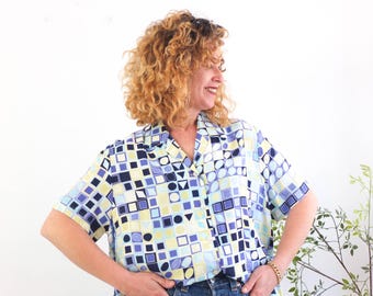 Vintage retro color block blouse, 80s 90s short sleeve button down blouse, Vintage colorful geometric print blouse, Colorblock shirt Sz M L