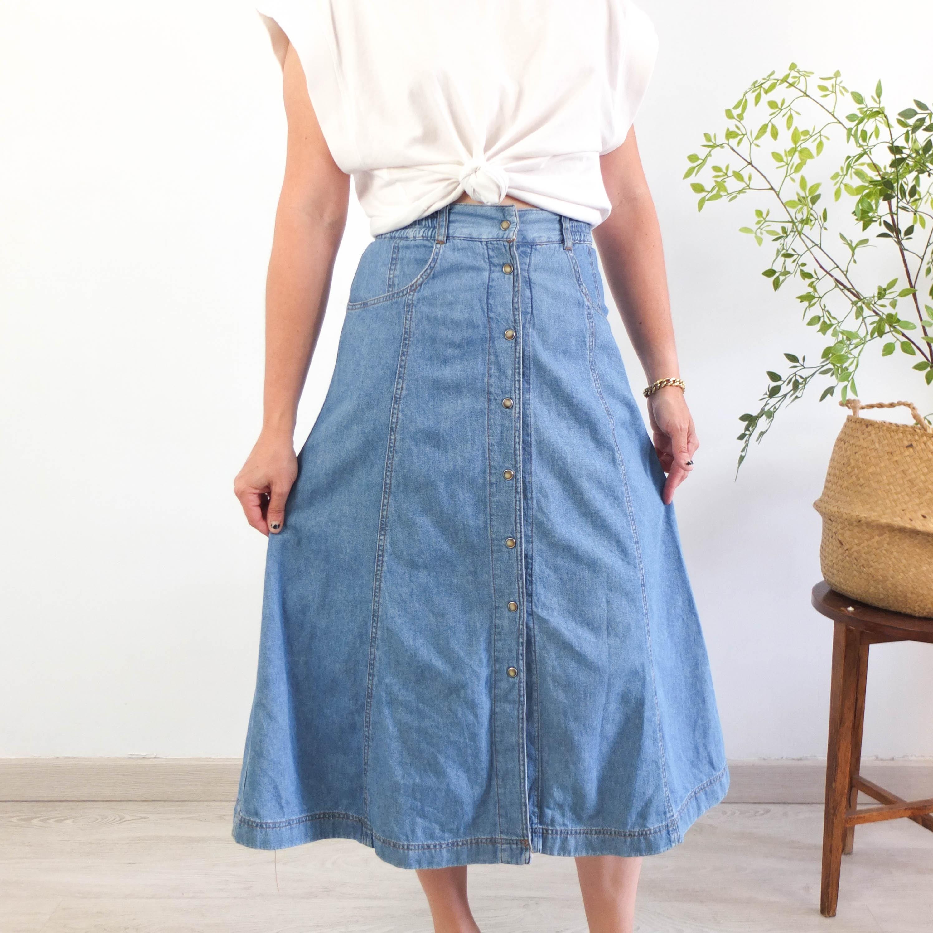 mid length denim skirts 90s