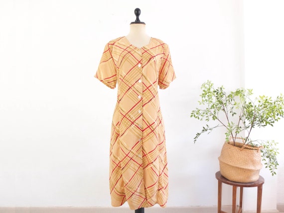 Vintage 90s Abstract Button Down Dress Plus Size,Vintage Grunge Tie Back Maxi Dress, 90s Short Sleeve Geometric Silk Blend Dress, Size L XL