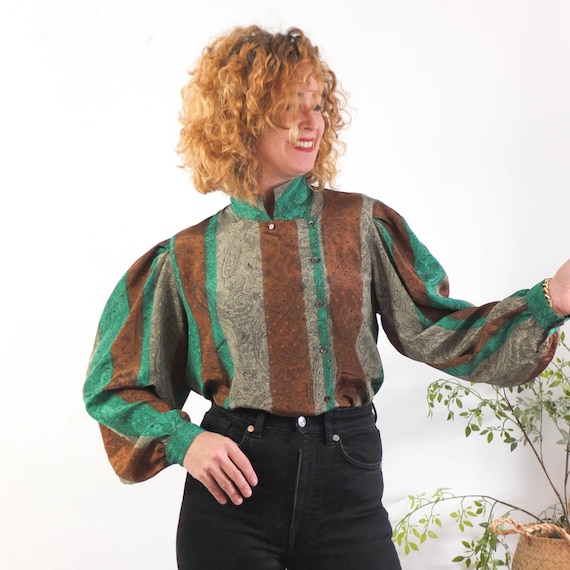 Vintage 80s abstract puff sleeve blouse, 1980s retro blouse long sleeve, New Wave button down blouse, 80s retro statement blouse, Size M - L