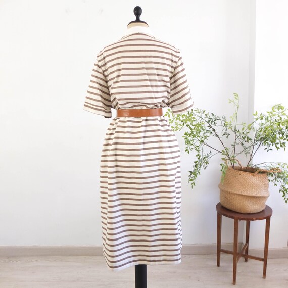 Vintage 80s tan striped shirtdress, 80s secretary White collar dress, summer 1980s high waist secretary midi button front shirtdress size XL