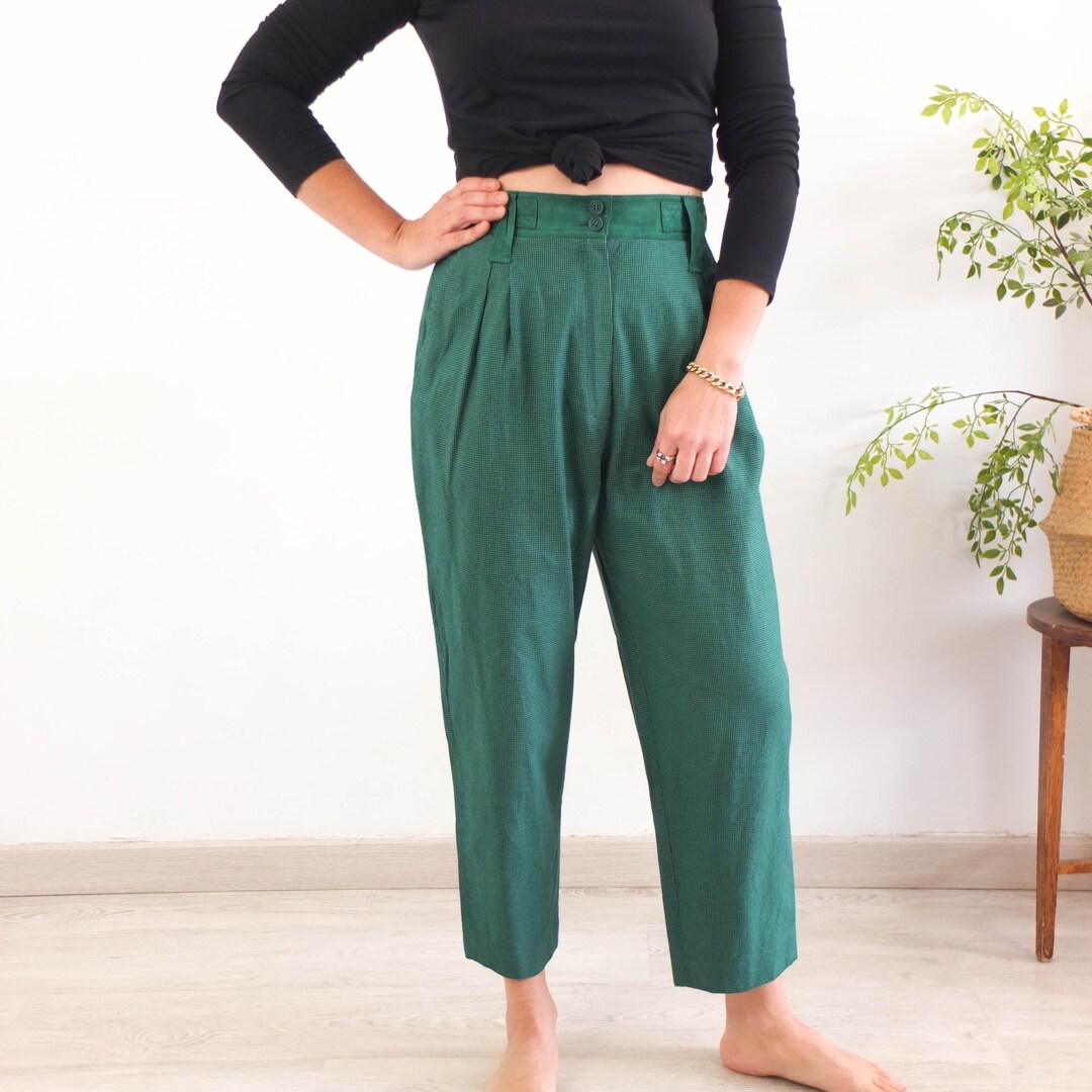 パンツ 80s ITALY melange green 3-tuck trousers Vintage 80s Plaid Pleated Trousers, Vintage Houndstooth Pants
