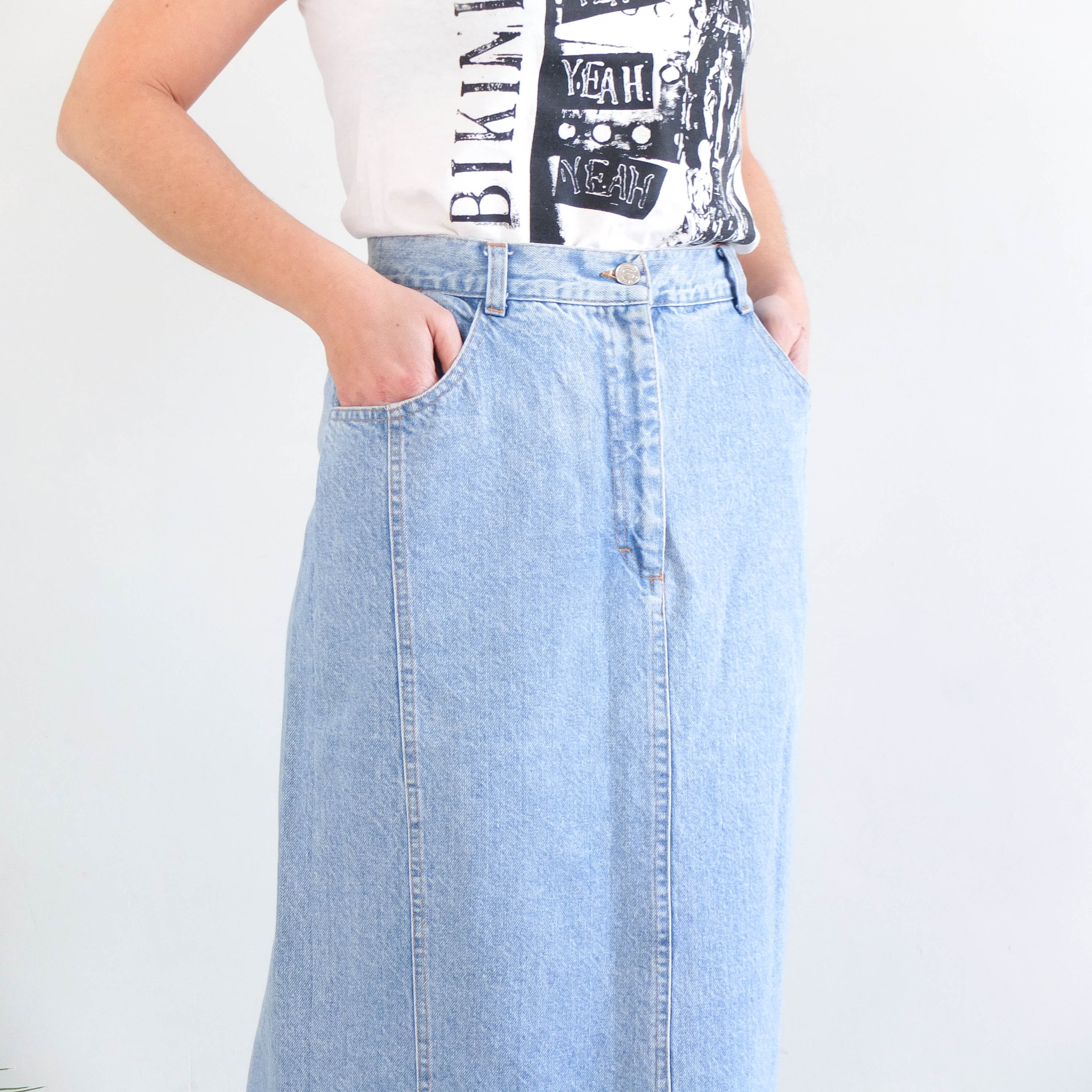 Vintage 80s high waist denim midi skirt Vintage light wash | Etsy