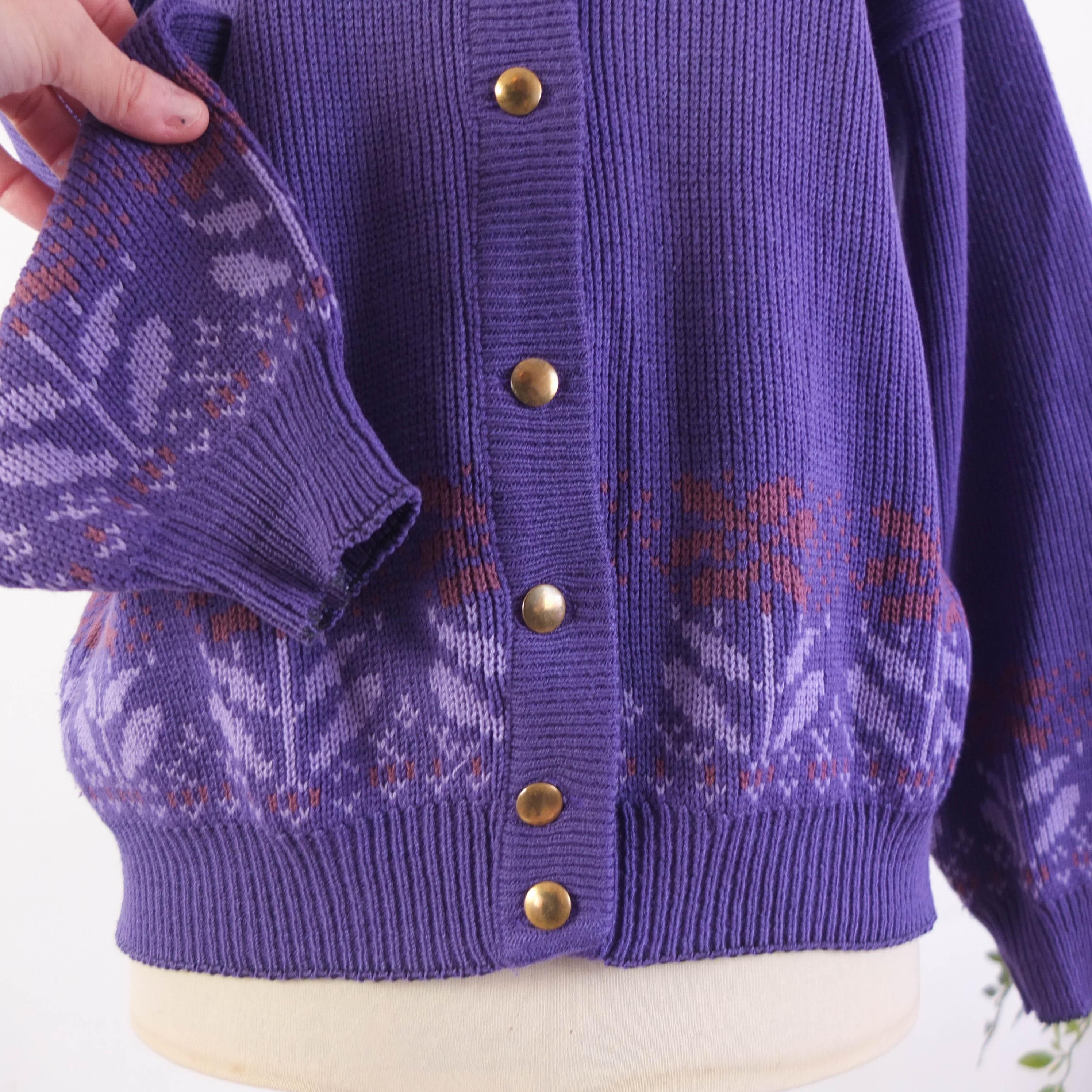 Vintage 80s Grunge Purple Oversized Cardigan Sweater, 1980s Retro
