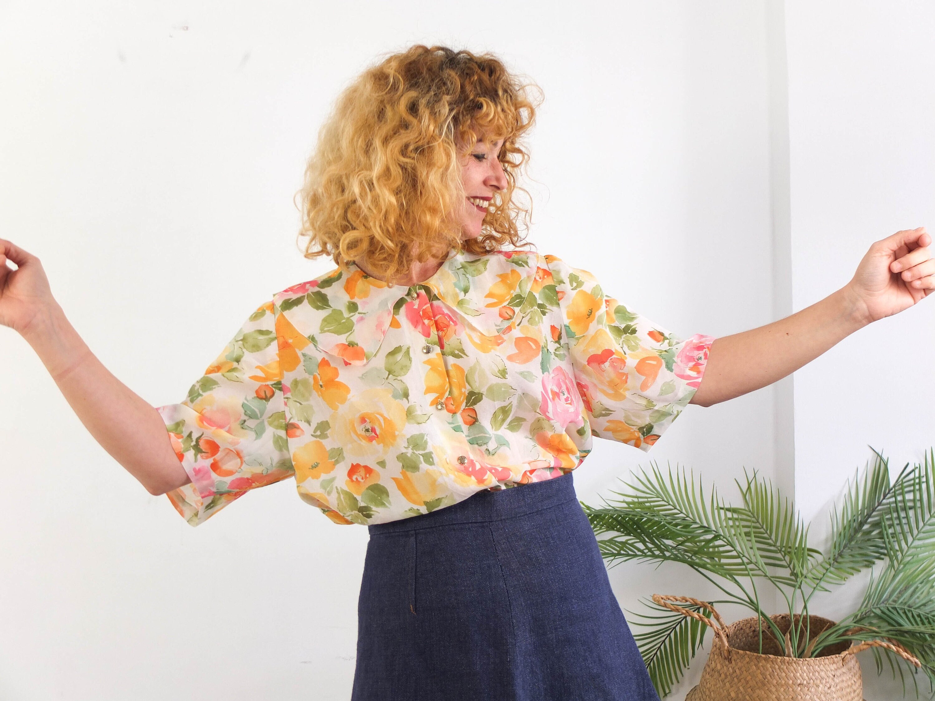 Vintage 80s Floral Sheer Blouse, Vintage Floral Puff Sleeve