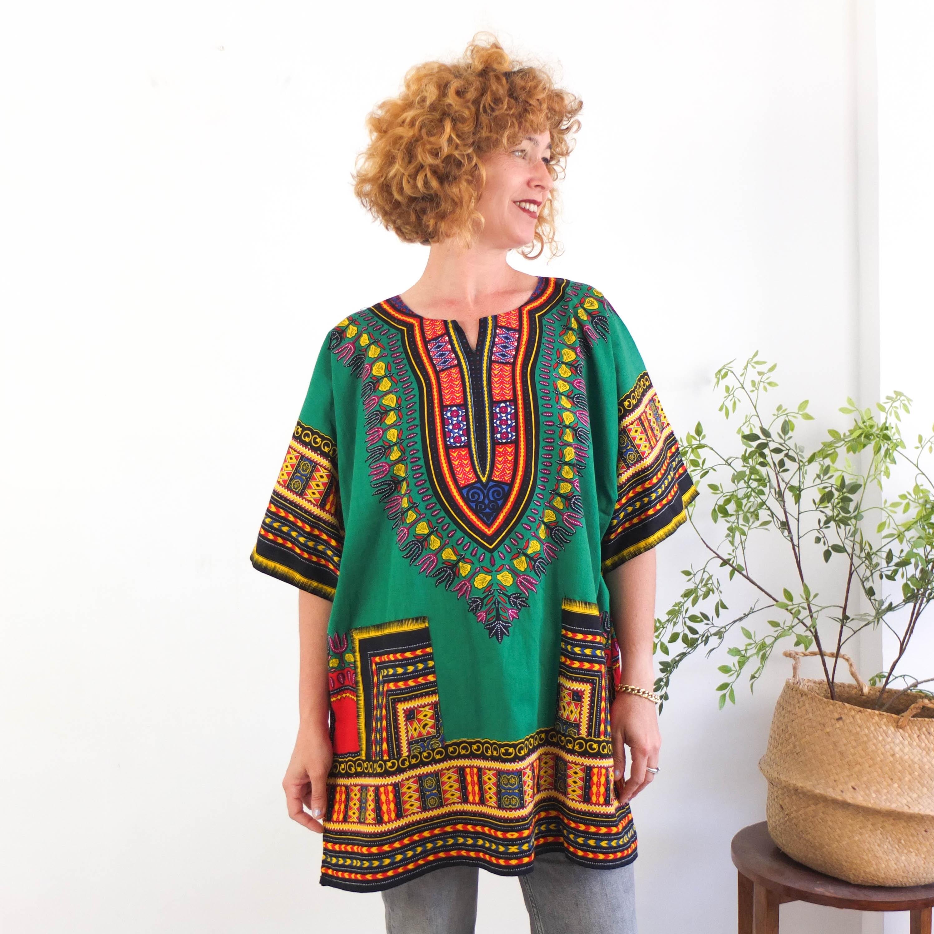 vintage Tee × African Batik Remake tunic Vintage Colorful African Tunic Top, 80s 90s Dashiki Tunic Shirt