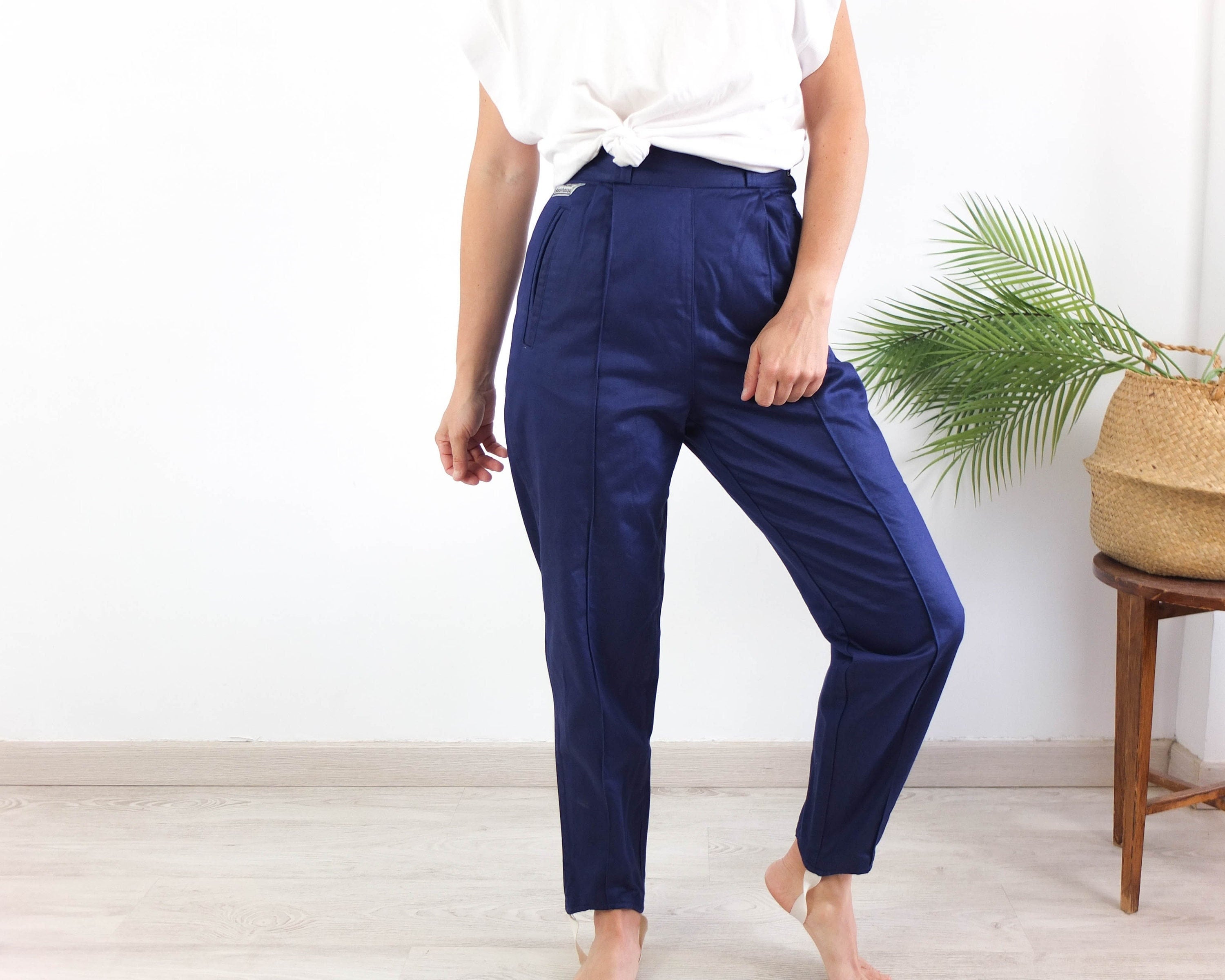 Vintage 80s high rise cigarette pants, 1980s navy blue cotton pleated pants, Vintage stirrup pants, 80s retro workwear pants women size S