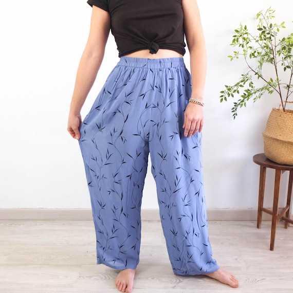 Vintage 90s Blue Wide Leg Palazzo Pants, 90s Leaf Print Wide