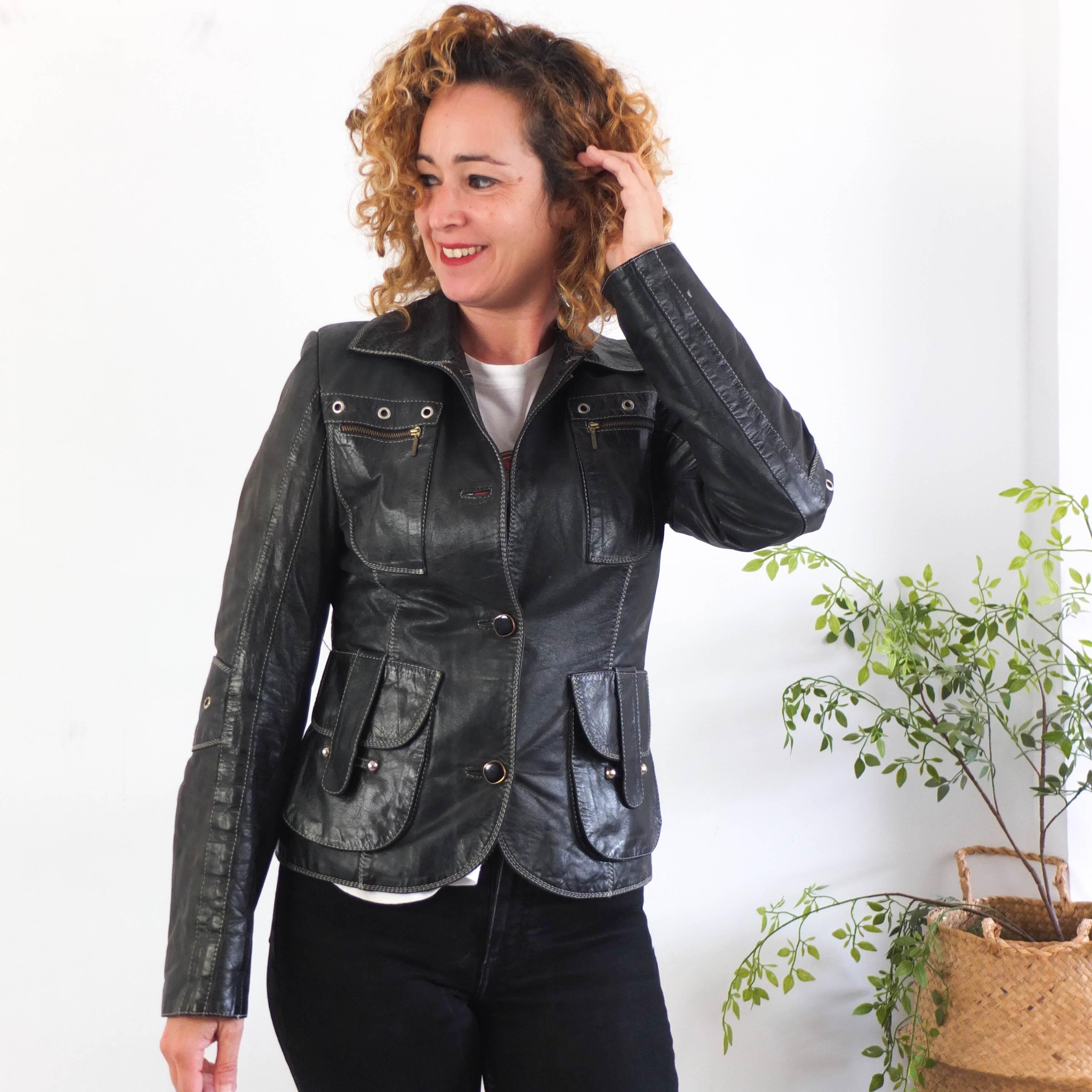 Vintage 90s Black Leather Jacket, 90s Leather Biker Jacket Size