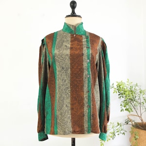 Vintage 80s abstract puff sleeve blouse, 1980s retro blouse long sleeve, New Wave button down blouse, 80s retro statement blouse, Size M - L image 10