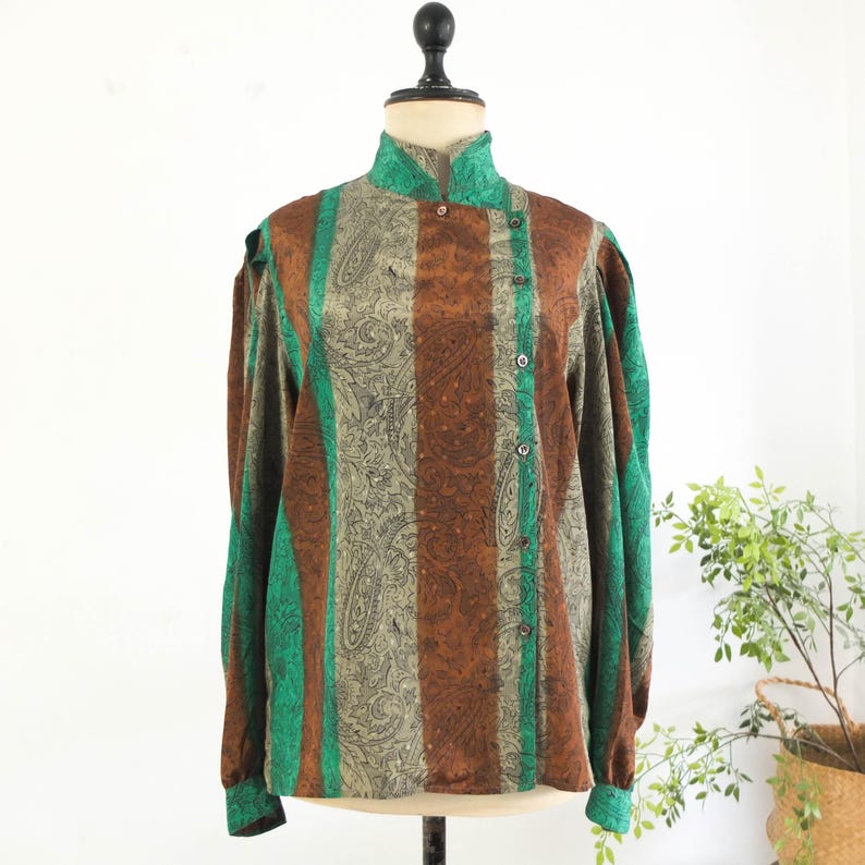 Vintage 80s abstract puff sleeve blouse, 1980s retro blouse long sleeve, New Wave button down blouse, 80s retro statement blouse, Size M - L image 10
