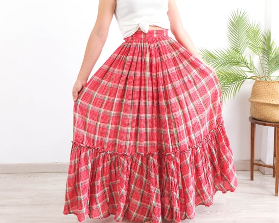 Vintage 70s red prairie maxi skirt, 70s cotton pl… - image 4