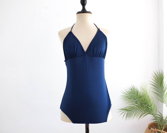 Vintage 80s navy blue one piece swimsuit, 80s wom… - image 1