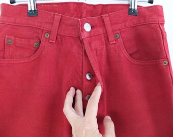 Vintage Levis 501 Red Jeans Women, 90s High Waist Levis Button Fly 