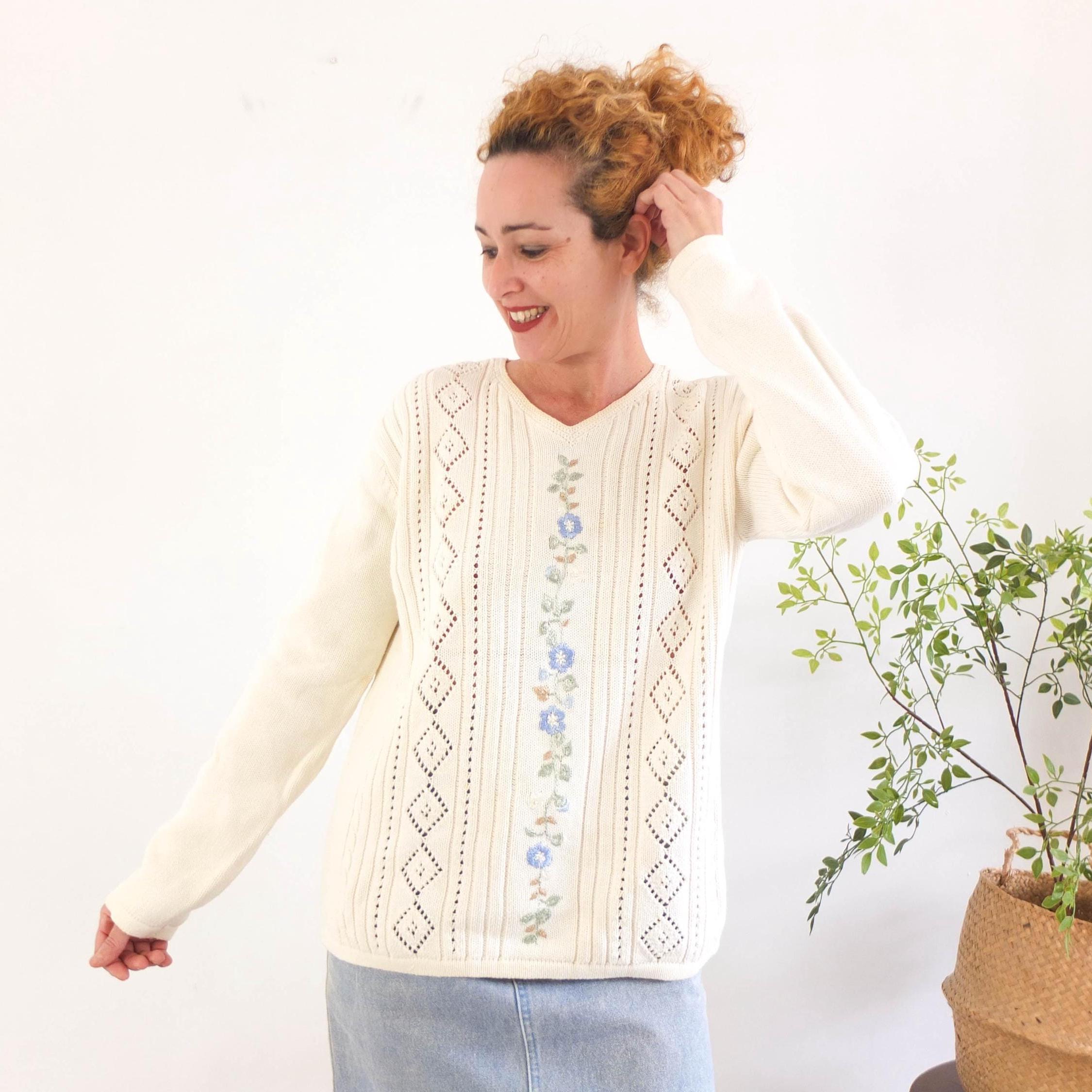 Vintage 90s White Embroidered Floral Sweater, Vintage White Cotton