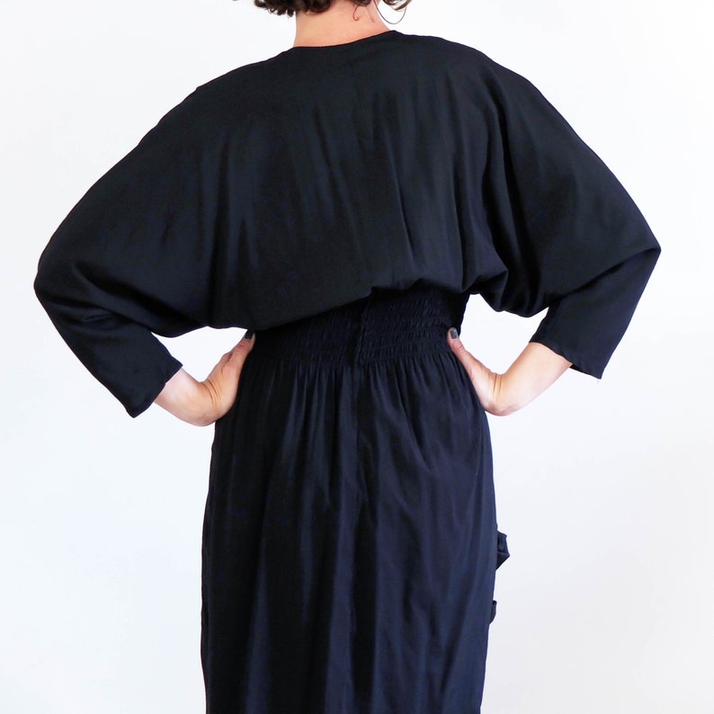 Vintage wrap double breasted dress Vintage 80s New wave black color block dress 80s bicolor bat sleeve draped dress 80s dress size large