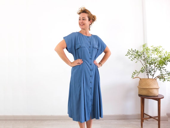 Vintage 80s blue maxi shirtdress, 80s button up midi dress, 80s short sleeve fit and flare shirtdress, 80s secretary day shirtwaist dress, L