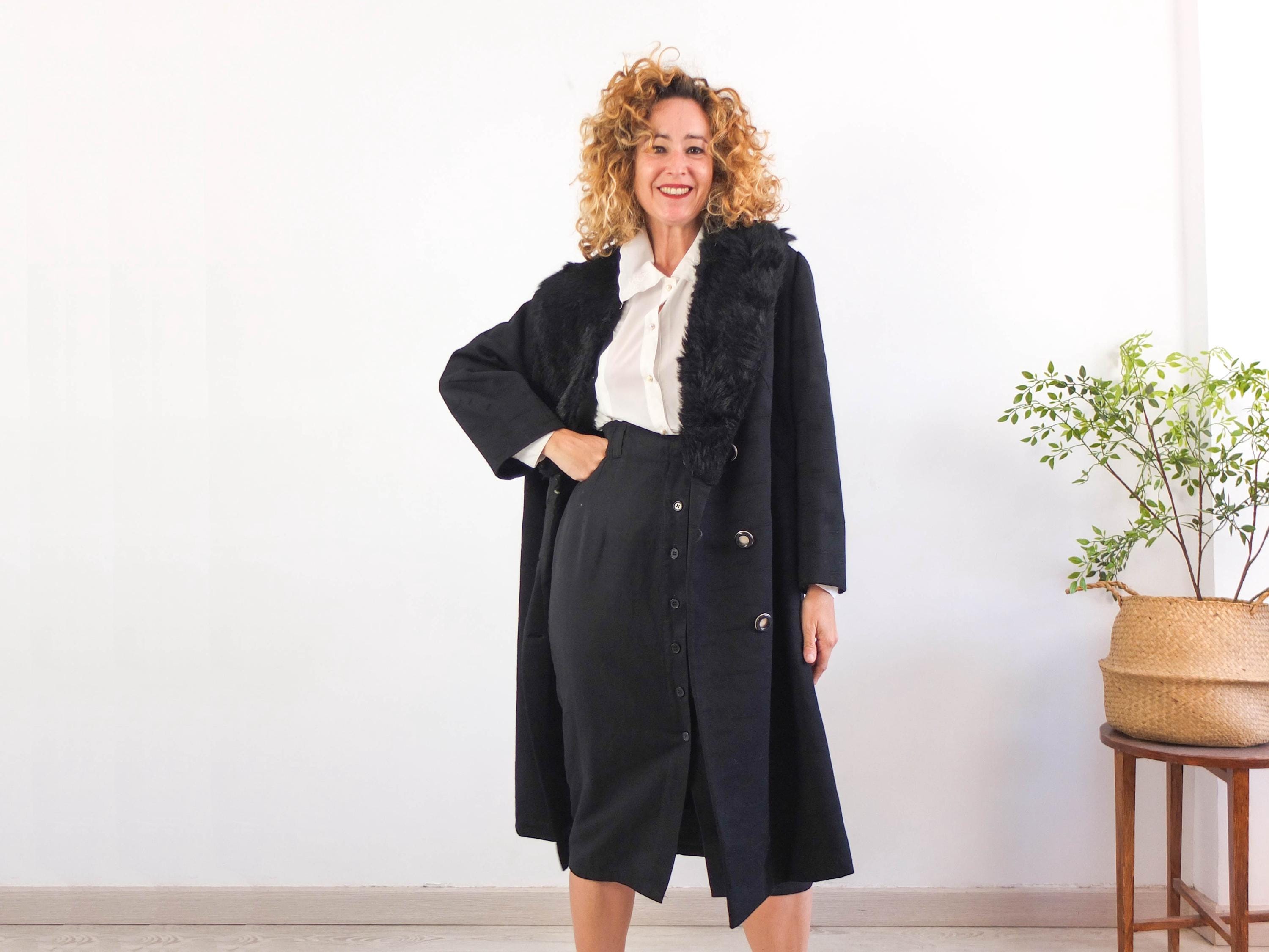 Vintage 70s 80s Black Wool Coat, Vintage Black Long Double