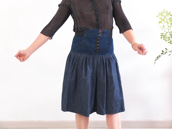 Vintage 80s Midi Denim Skirt, High Waist Denim Pleated Skirt, 80s