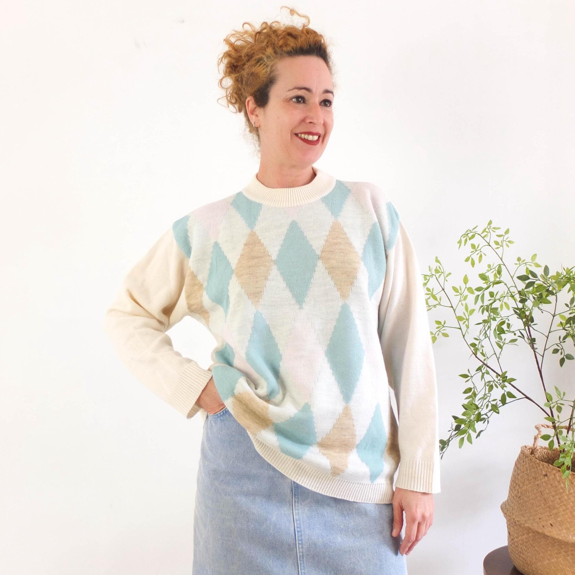 Vintage 90s Argyle Sweater Women Size Medium, Vintage Wool 