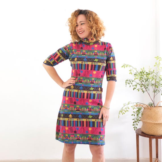 Vintage colorful novelty sweater dress, 00s 90s retro pop art knit dress, Vintage cotton turtleneck sweater dress, Kitsch mini dress size M
