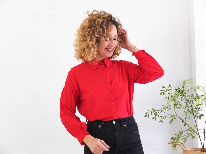Vintage 70s red button up shirt, 1970s disco shirt for women, 70s retro collared shirt long sleeve, Plain red polyester button shirt, M L image 4