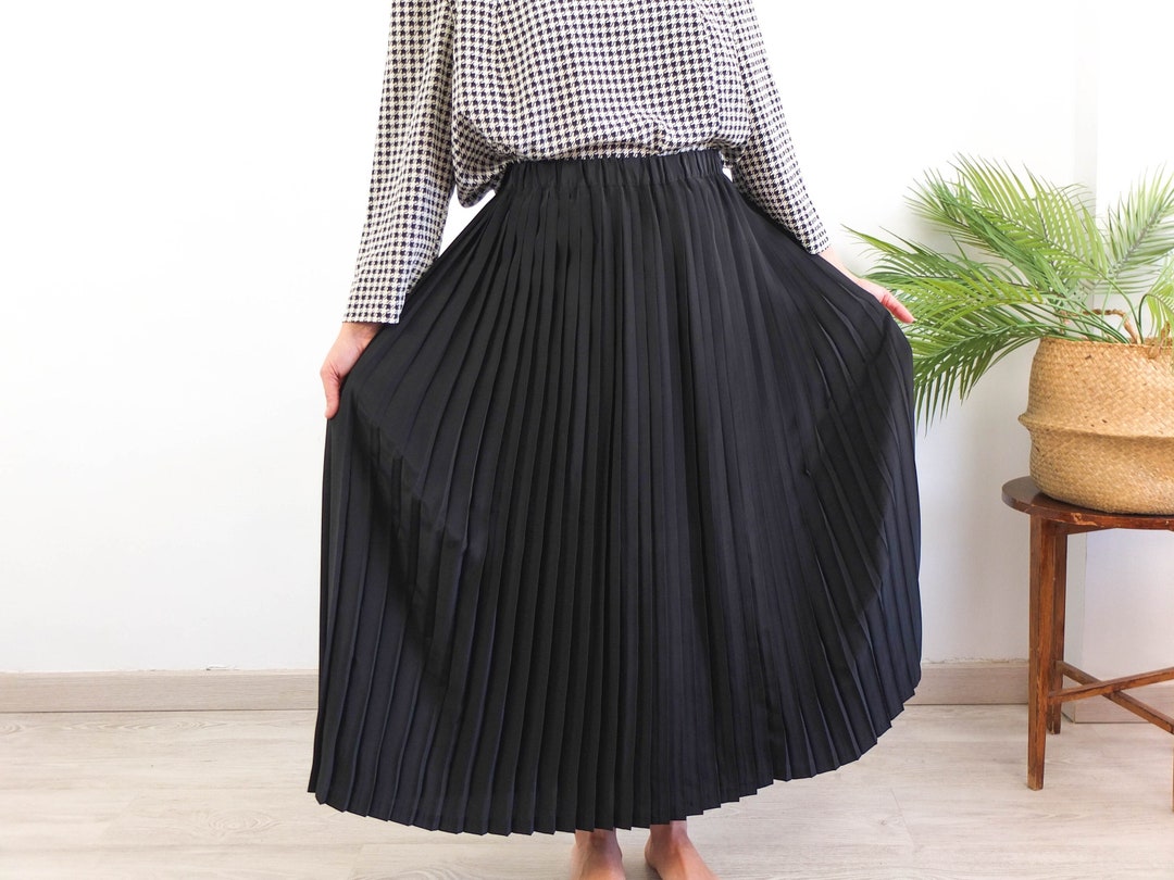 Vintage Black Midi Pleated Skirt Size L XL, 80s Black a Line Skirt ...