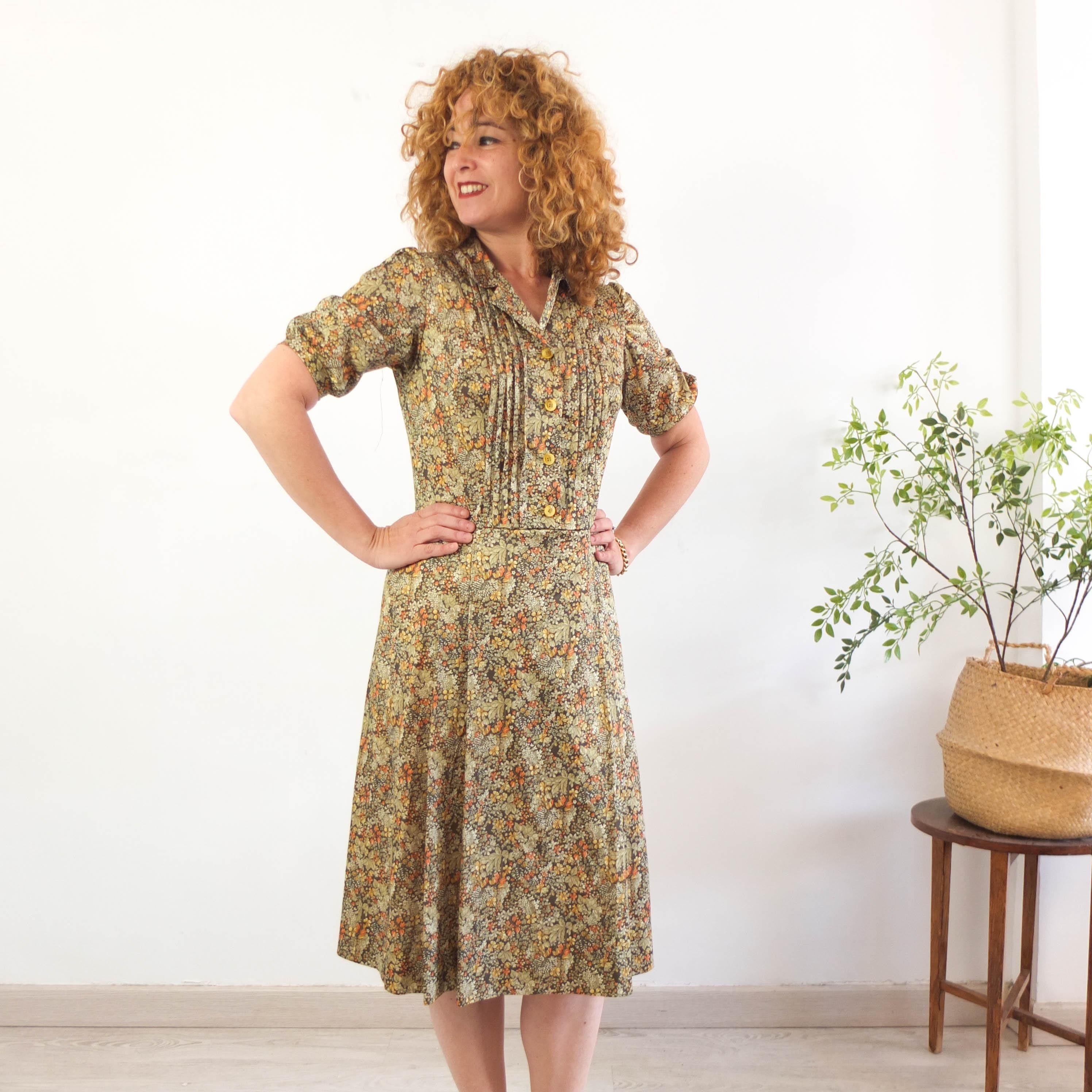 Vintage 80s Floral Prairie Dress Puff Sleeve, Vintage Green Floral