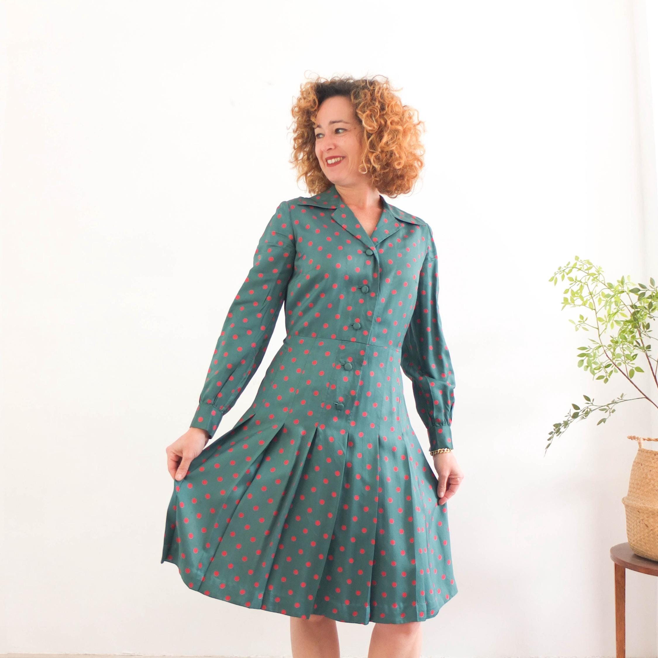 Vintage 70s Polka Dot Shirtdress, 70s Secretary Pleated Dress