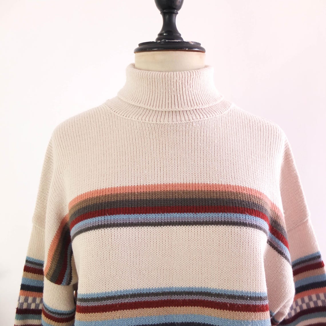Vintage 90s grunge turtleneck sweater, 1990s retro wool oversized sweater, Vintage multicolor striped geometric knit sweater, Size M L, photo 4 of 5