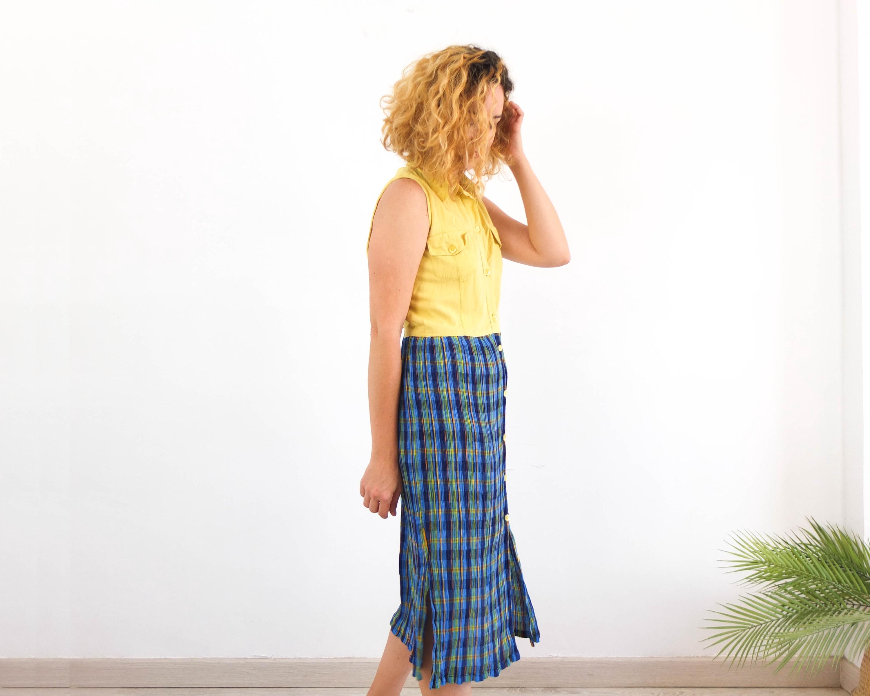 Vintage 90s grunge plaid maxi dress, Vintage checked button up dress, Vintage yellow blue plaid sundress, 90s plaid long dress size M L