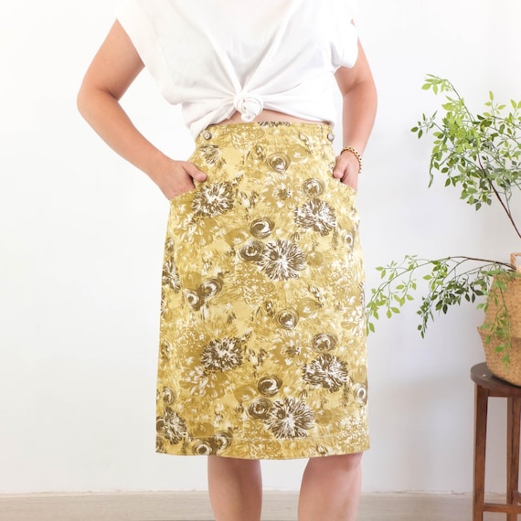 Vintage Floral Denim Skirt With Pockets, 90s High Waist Midi Denim