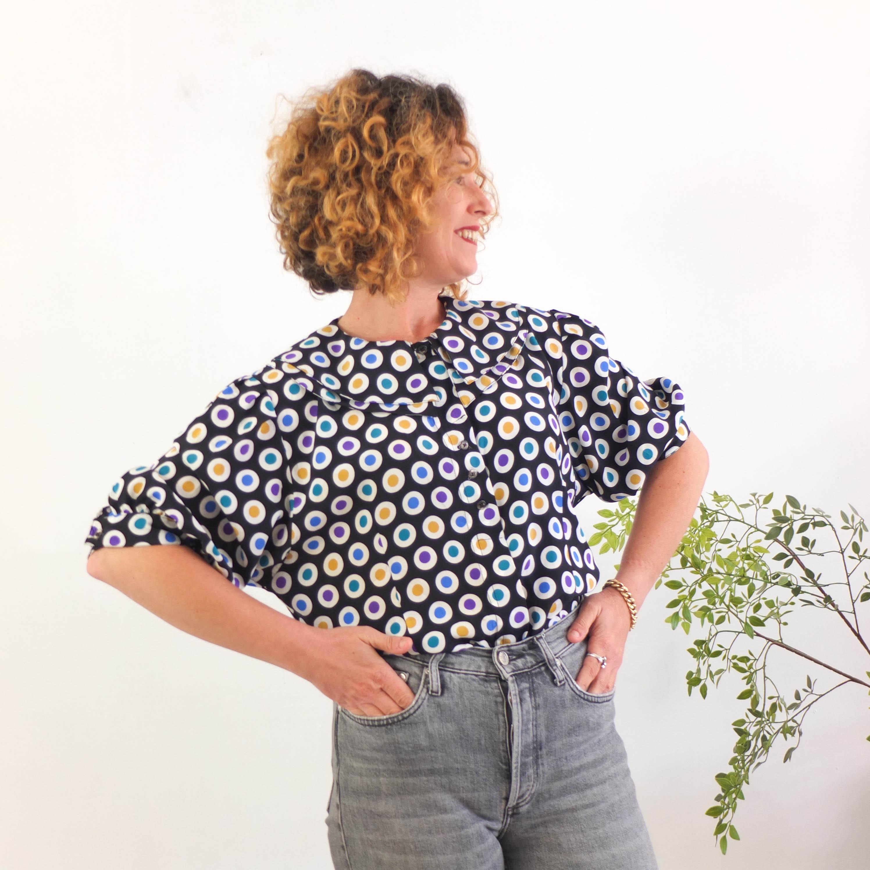 Vintage 80s Cape Collar Abstract Blouse, Retro Oversize Black 